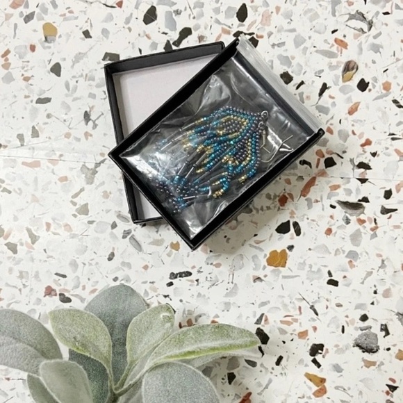 Bohemian Blue Gold Beaded Dangle Earrings Sterling Silver Eclectic Tribal NEW - Picture 3 of 8